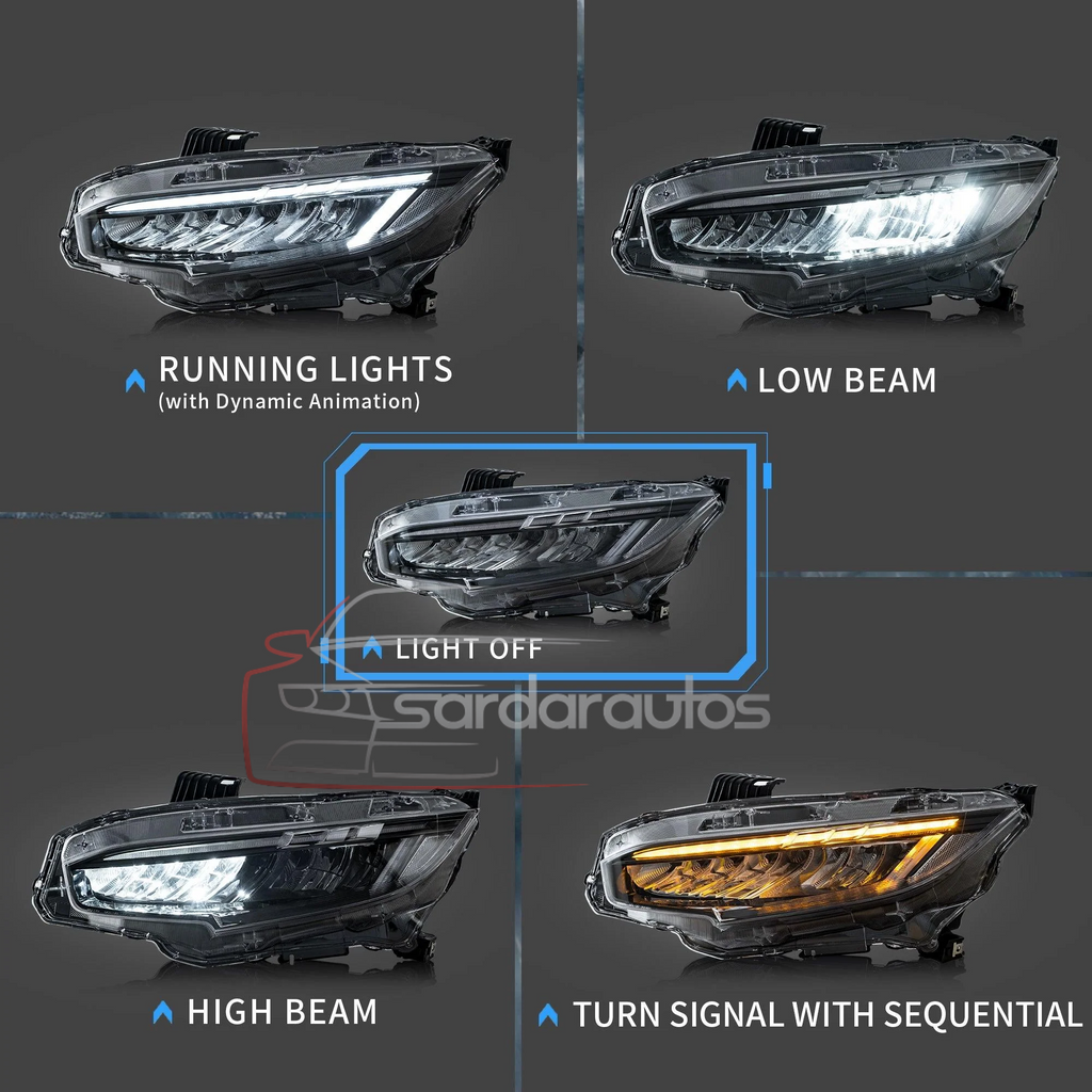 Honda Civic X 10 Gen Uplift OEM Sequential LED With Blink Indicator Headlights/Headlamps (2016-2021)