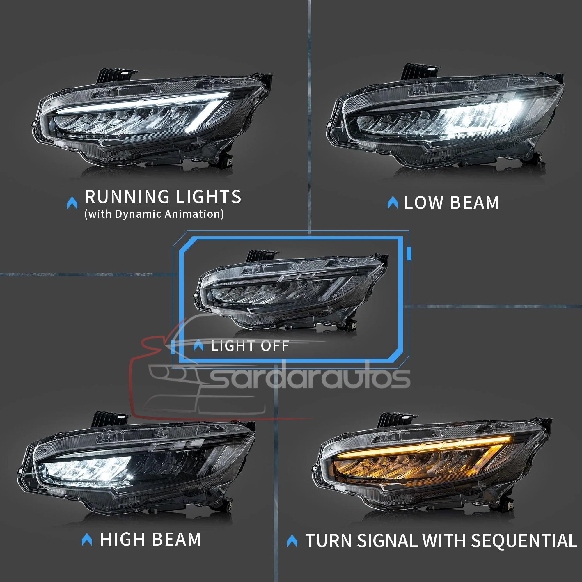 Honda Civic X 10 Gen Uplift OEM Sequential LED With Blink Indicator Headlights/Headlamps (2016-2021)
