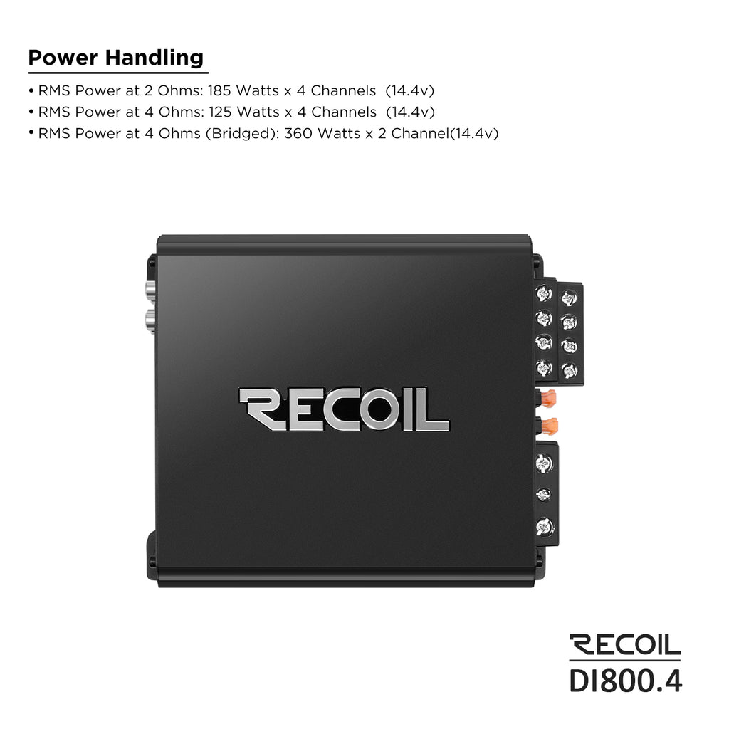 DI800.4 Full-Range Class-D 4-Channel Car Audio Amplifier, 1,500 Watts, 2-4 Ohm Stable, MOSFET Power Supply, Bridgeable