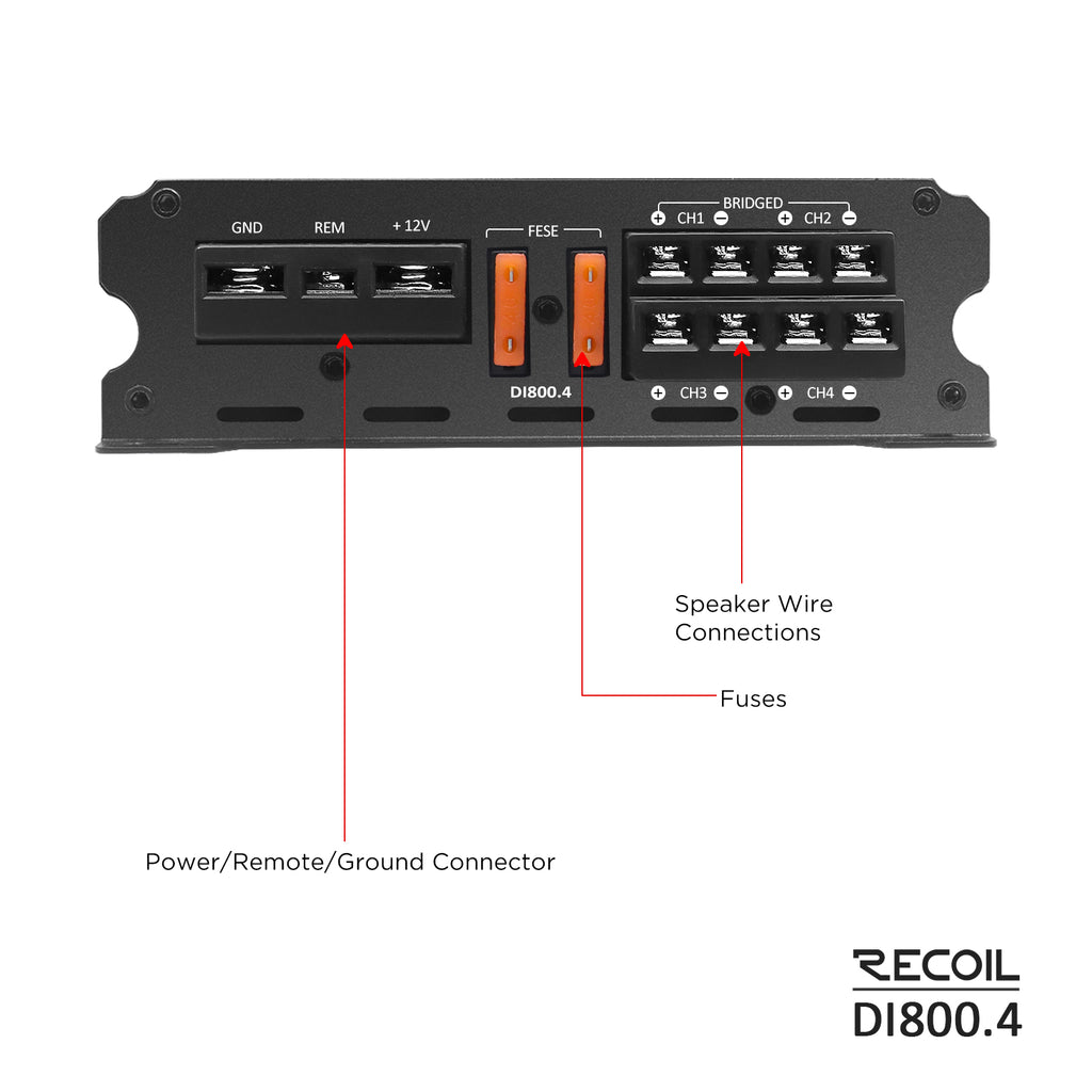 DI800.4 Full-Range Class-D 4-Channel Car Audio Amplifier, 1,500 Watts, 2-4 Ohm Stable, MOSFET Power Supply, Bridgeable