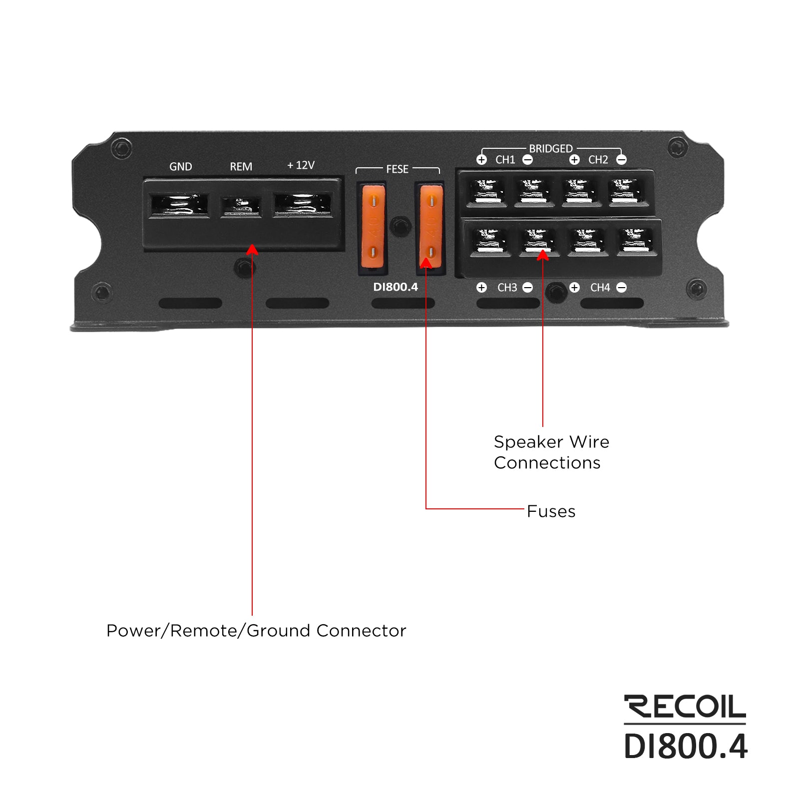 DI800.4 Full-Range Class-D 4-Channel Car Audio Amplifier, 1,500 Watts, 2-4 Ohm Stable, MOSFET Power Supply, Bridgeable