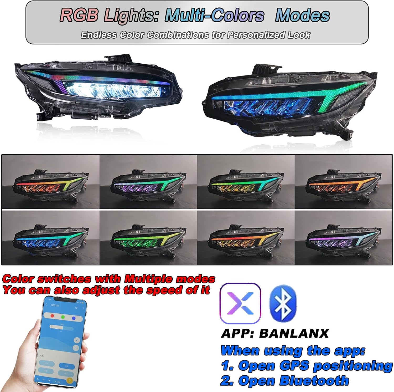 Honda Civic (2016-2021) RGB Audi Style Head Lights Mobile App Control