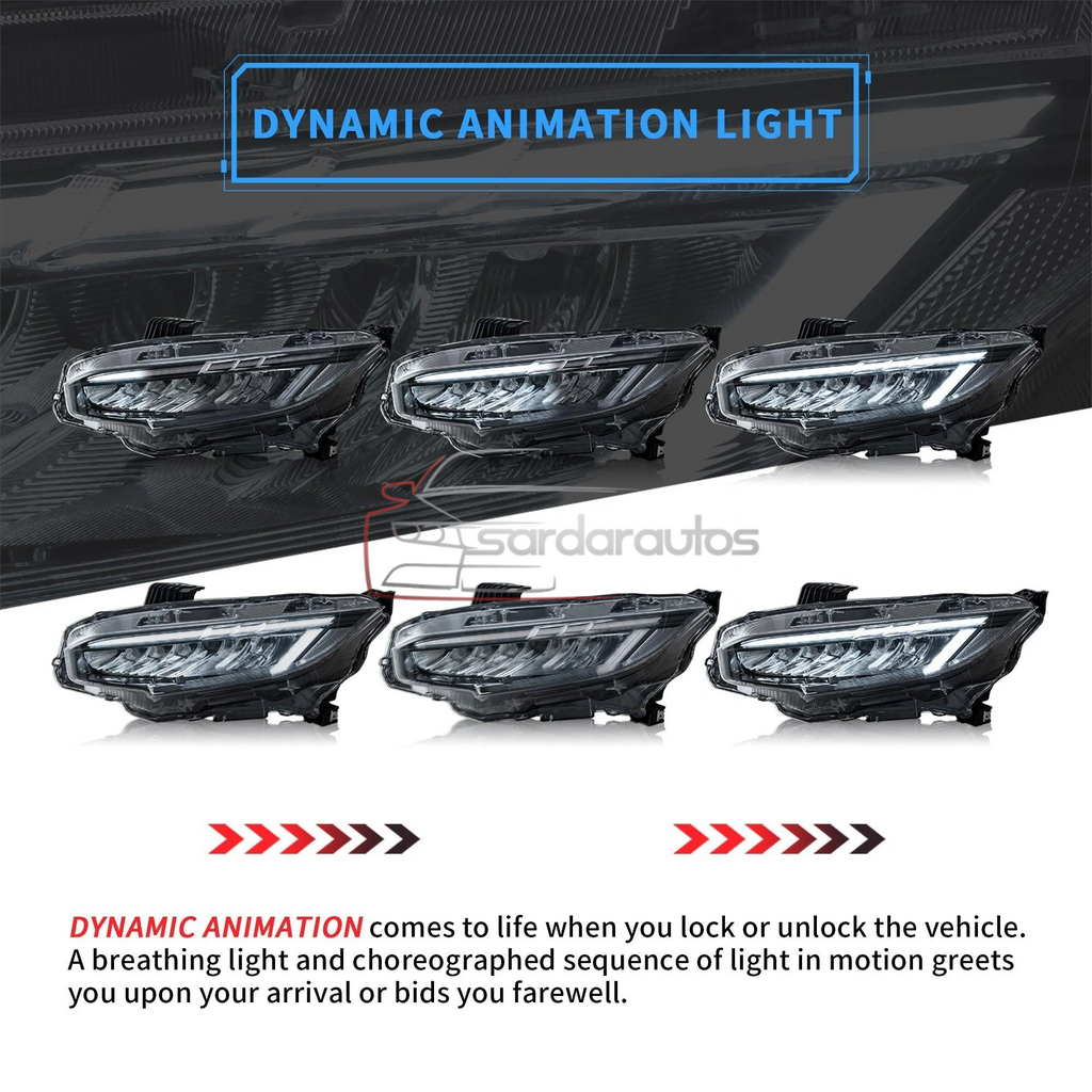 Honda Civic X 10 Gen Uplift OEM Sequential LED With Blink Indicator Headlights/Headlamps (2016-2021)